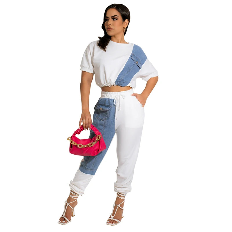 Jeans Denim Patchwork Streetwear Two Piece Set Women Summer Short Sleeve Crop Top T-Shirt Jogger Pants Fitness Outfit Tracksuit