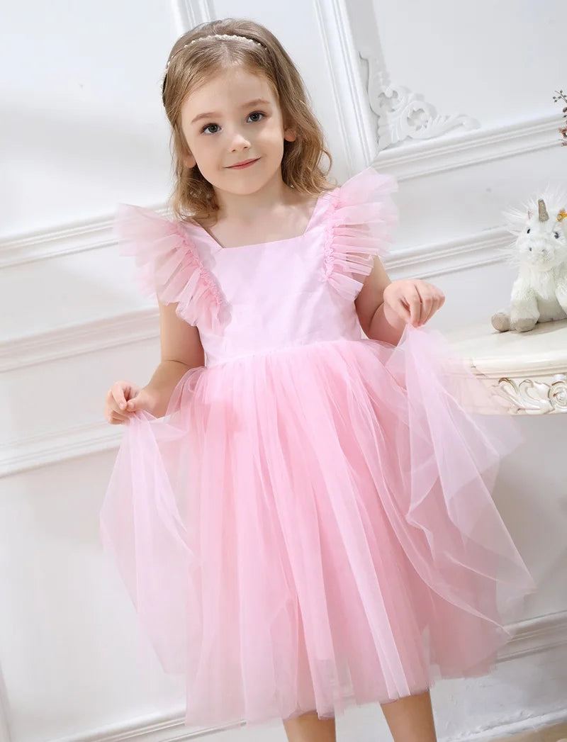 Baby Girl Princess Tutu Dress Fly Sleeve Infant Toddler Child Mesh Tulle Back Bow Vestido Dance Party Birthday Baby Clothes 1-5Y