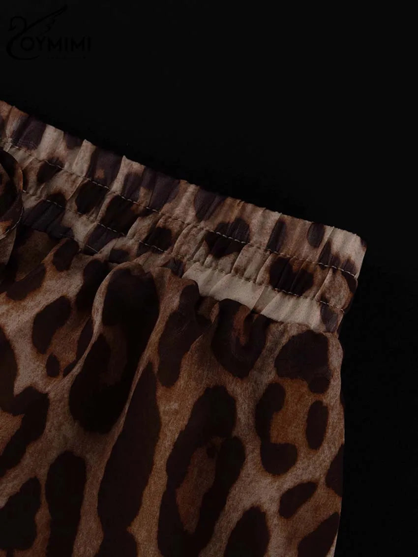 Oymimi Fashion Brown Leopard Print Sets For Women 2 Pieces Elegant Puff Sleeve Button Shirts And Drawstring Shorts Female Sets