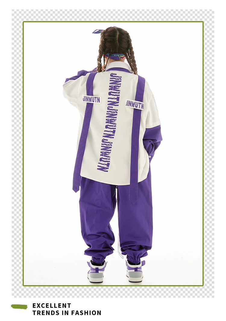 Jazz Dance Clothes Girls Hip Hop Costume Loose Coat Purple Pants Boys Breaking Street Dance Outfit Long Sleeves Suit