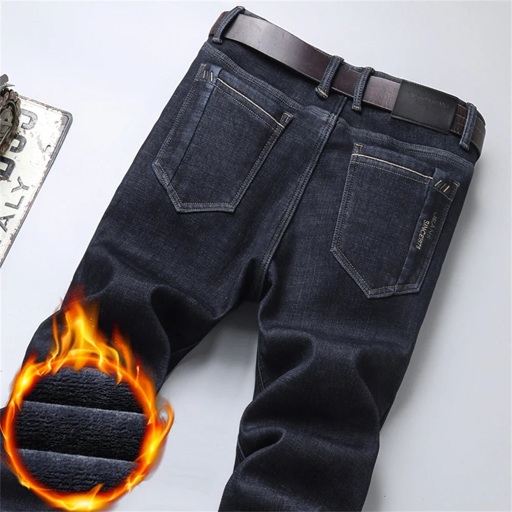 Men's Classic Regular Fit Fleece Jeans Business Fashion Loose Casual Stretch Pants Male Brand Plus Velvet Padded Warm Trousers