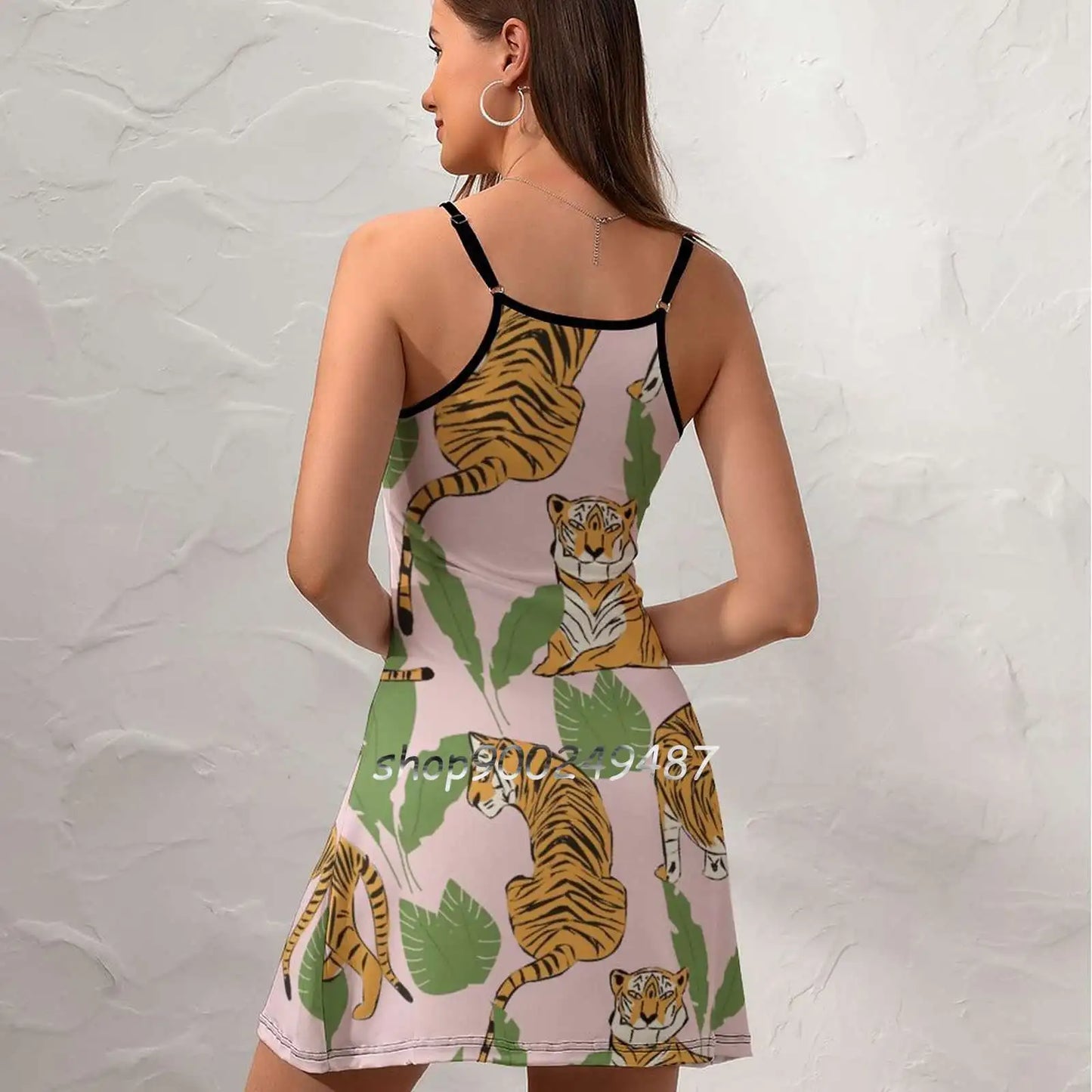 Tiger Pattern 008 Square Neck Dress Sweet Summer Dress Women Elegant Halter Print Dress Tiger Seamless Pattern Big Cat Hand