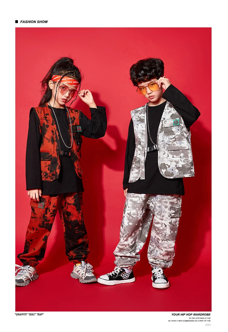 Modern Hip Hop Dance Clothes Kids Costume Camouflage Vest Pants Girls Long Sleeves Suit Boys Street Dance Outfit Rave Wear L9730