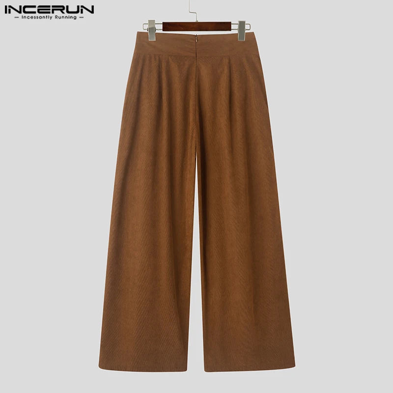 INCERUN American Commuting Men Long Loose Pants 2024 Handsome Boy High Waist Solid Color Trousers Fold Cross Wide Leg Bottoms