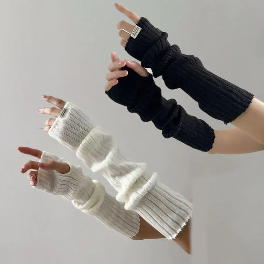 Fingerless Long Wrist Gloves Arm Warmers False Sleeves Knitted Gloves Finger Sleeves Cover Black White Half Finger Gloves