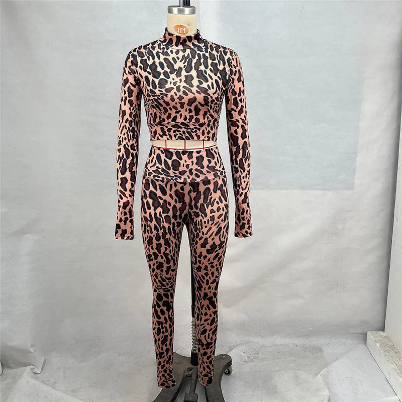 Shestyle Leopard Sporty Women Two Piece Sets Casual Animal Leggings Crop Top Brown Half High Neck Pullover