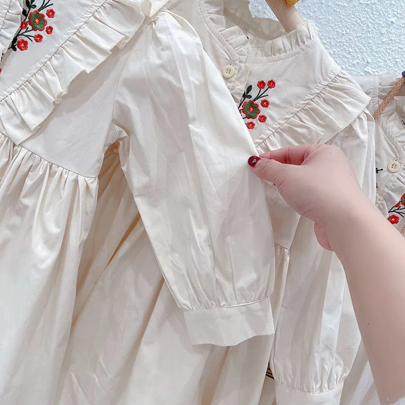 Baby Girl Princess Cotton Dress Embroidery Flower Infant Toddler Child Vintage Dress Long Sleeve Vestido Baby Clothes 1-7Y
