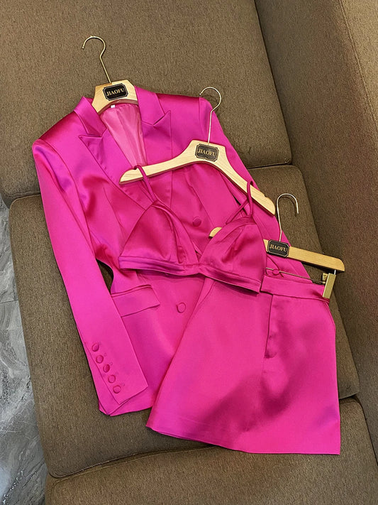 2 Colors Option (BlzSuit) Good Quality Satin Suit For Women Solid Double-breasted Blazer Minin Skirt With Bra 3Pcs For Lady