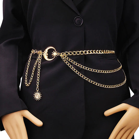 1Pc Women Waist Chain Belt for Dress Skirt Belts with Moon Star Waistbands Gold Silver Ladies Clothing Chain Accessories