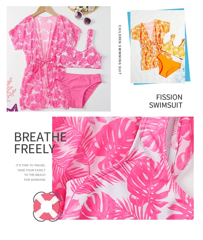 Girls 3pack Leaf Print High Waist Bikini Kids Swimsuit&Kimono 7-12 Years Children's Swimwear 2024 Teens Bathing Suit Beach Wear