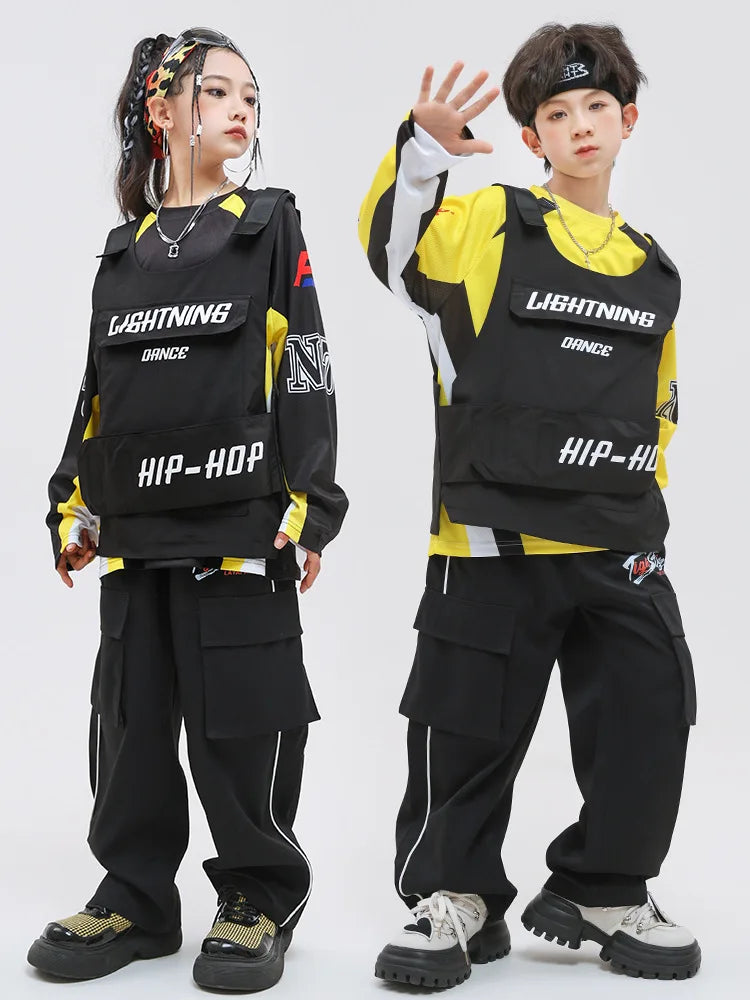 Kid Hip Hop Clothing Yellow Racing Long Sleeve T Shirt Vest Black Casual Cargo Pants for Girls Boys Jazz Dance Costume Clothes