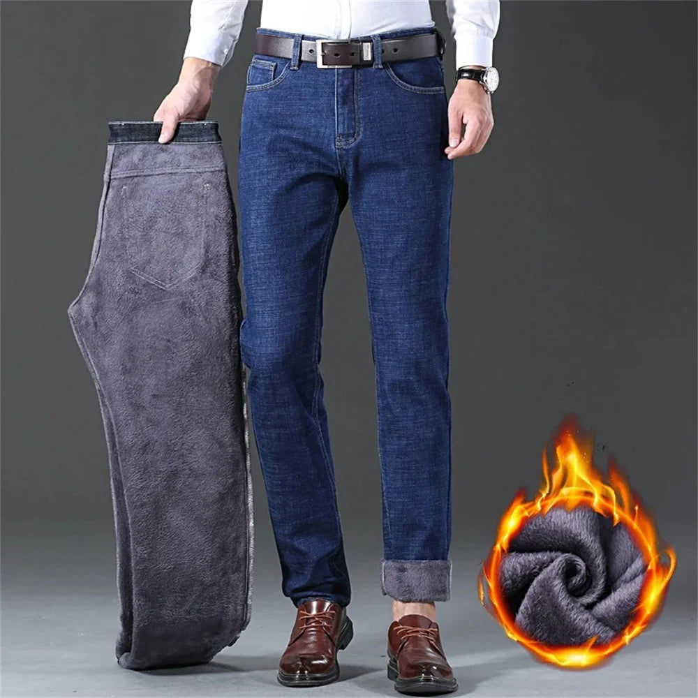 Men's Classic Regular Fit Fleece Jeans Business Fashion Loose Casual Stretch Pants Male Brand Plus Velvet Padded Warm Trousers