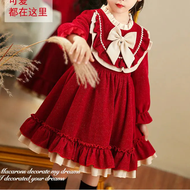 Girls 2023 Winter New Fashionable Korean style Dress Children Fashionable Bow Lace Collar Plush Thickened Princess Dress