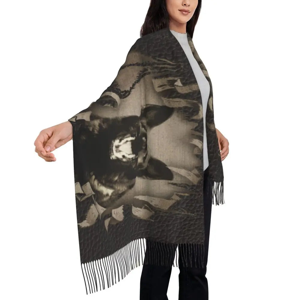 German Shepherd Courage Scarf Wrap Women Long Winter Fall Warm Tassel Shawl Unisex Alsatian Wolf Dog Lover Scarves