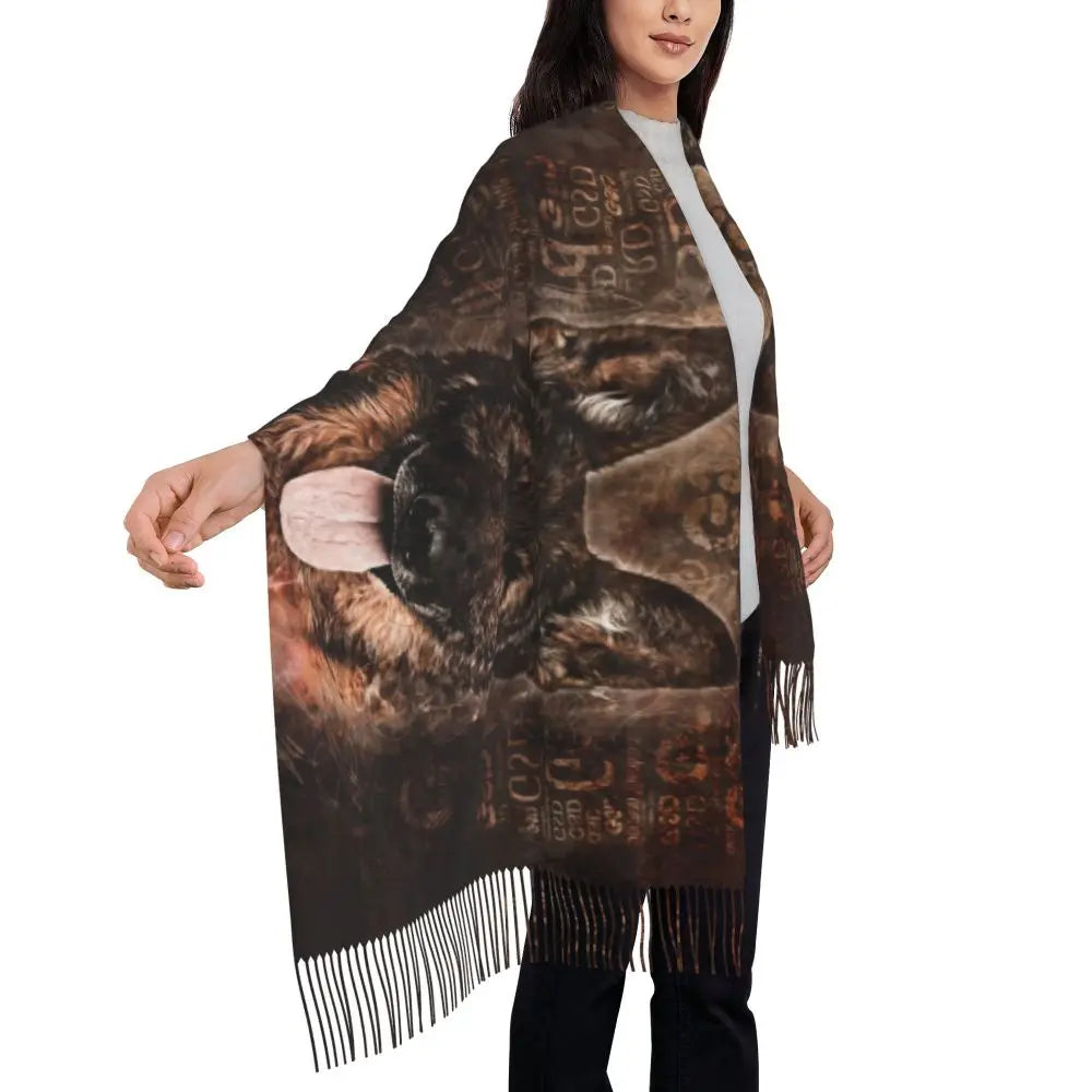 German Shepherd Courage Scarf Wrap Women Long Winter Fall Warm Tassel Shawl Unisex Alsatian Wolf Dog Lover Scarves