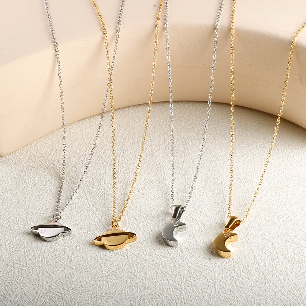JINHUI Moon and Saturn Friendship Necklaces For Women Stainless Steel Metal Pendant Folklore Necklace Trendy Chain Jewelry Set