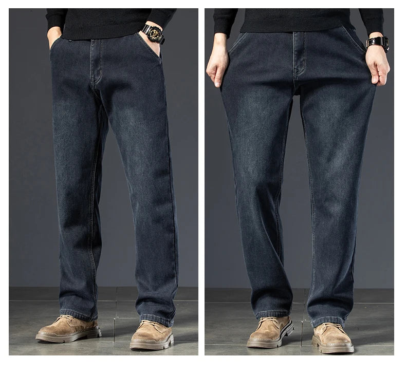 New Winter Men's Velvet Nostalgic Straight Jeans High Quality Thickened Warm Denim Pants Male Brand Loose Trousers