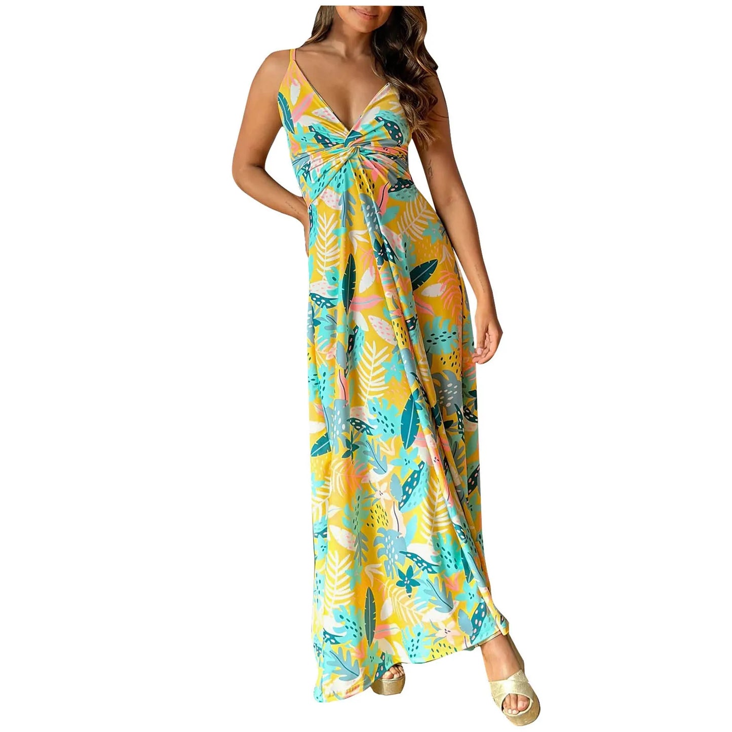 Boho Dress Floor Length Women's Spaghetti Strap Backless Maxi Dress Large Swing Casual Holiday Wrapped Knot Long Dress Vestidos