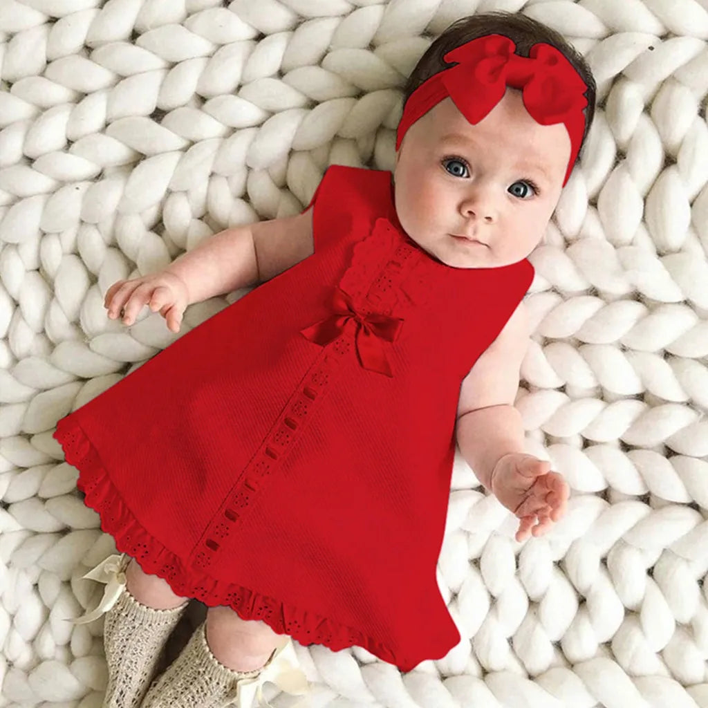 New Maxi Bow Dress+headband Set Newborn Baby Girl Sleeveless Outfit Bowknot Ruffle Red Clothes Baby Summer Dresses For Girls