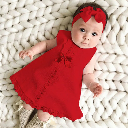 New Maxi Bow Dress+headband Set Newborn Baby Girl Sleeveless Outfit Bowknot Ruffle Red Clothes Baby Summer Dresses For Girls