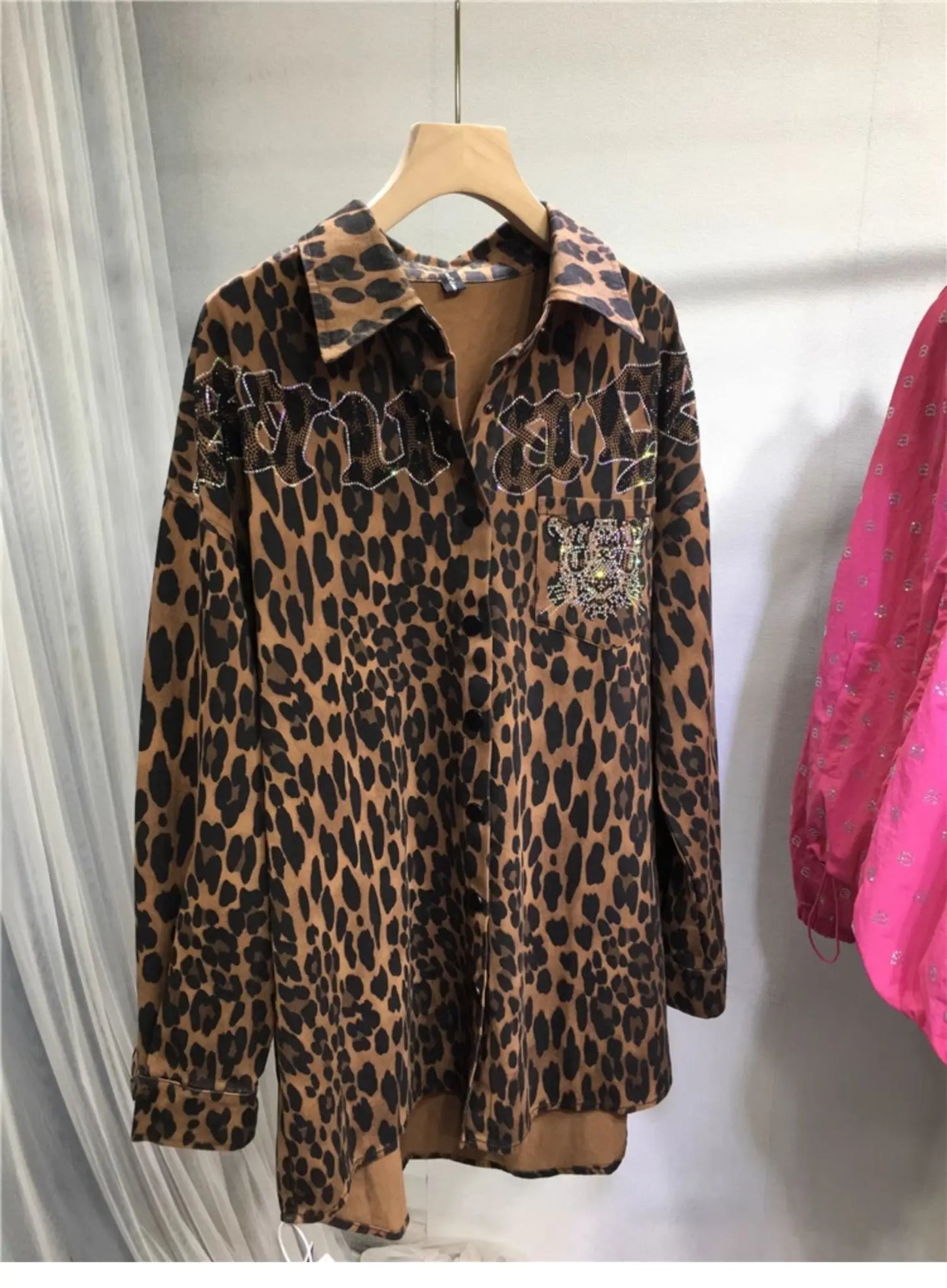 European Goods Heavy Industry Hot Diamond Shirt Women Domineering Tiger Head Leopard Print Cardigan Loose Autumn and Winter Coat