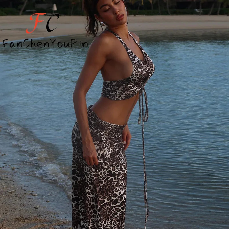 2024 Summer Women's Dress Set Elegant Sexy Backless Sleeveless Lace-up Top Slim Fit Long Skirt Leopard Print Suit Holiday Beach