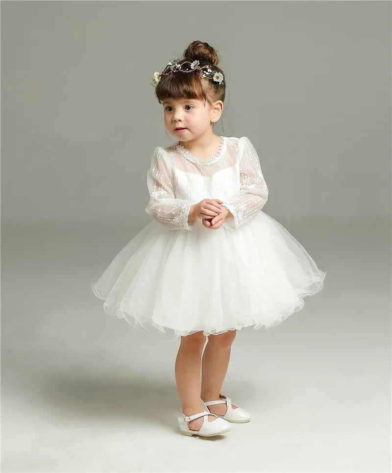 0-24 Months Long Sleeve Baby Girl Dress Infant Toddler Birthday Party Dresses Little Girls White Wedding Baptism Dress 8515