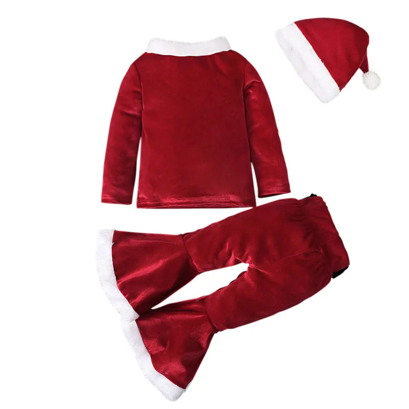 Baby Girls Christmas Cosplay Santa Claus Long Sleeve Red Bell Bottom Velvet Suit Carnival Party Kid Costume Top+Pant+Cap Clothes