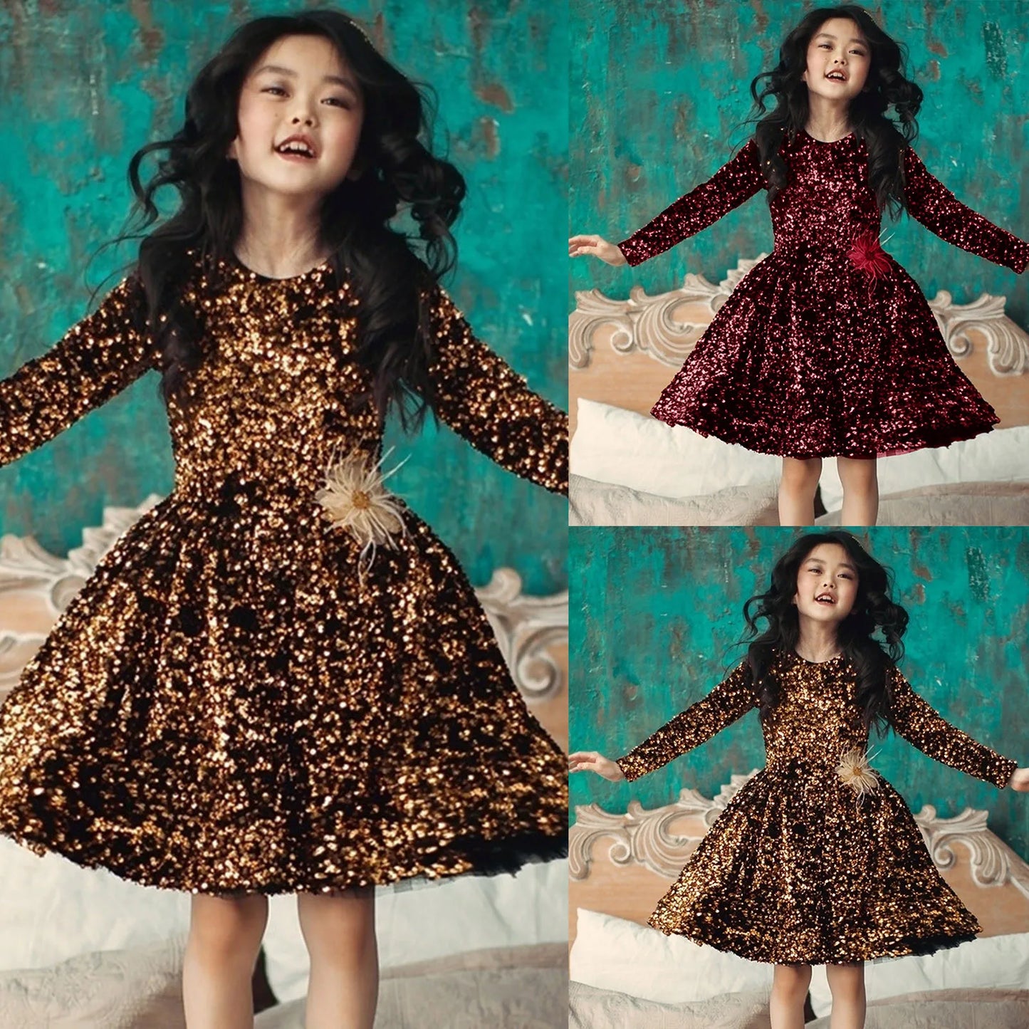 Baby Girls Sequins Formal Dress Long Sleeve Infant Toddler Child Vestidos Party Birthday Carnival Party Children Clothes 1-11Y