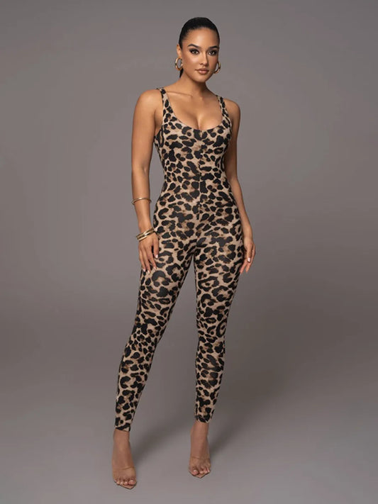 Gymdolphin Women's Sexy Leopard Print Skinny Nightclub Jumpsuit Spaghetti-Neck Yoga Clothes Fitness Coverall Female Club Outfits