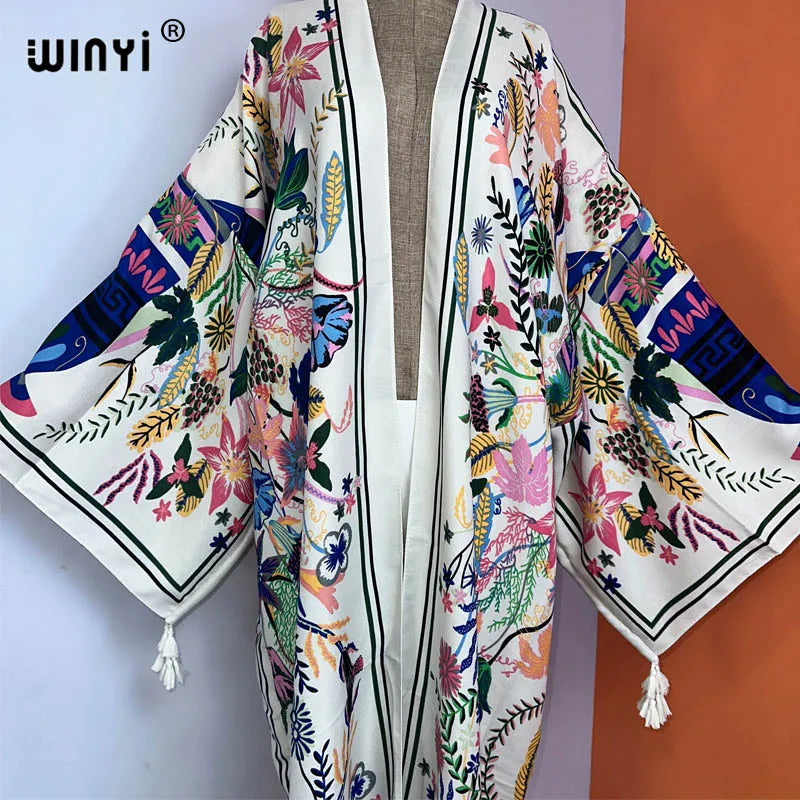 WINYI kimono new boho beach summer print Bikini cover-ups sexy vestidos para playa long Sleeve swimsuit woman 2023 maxi dress