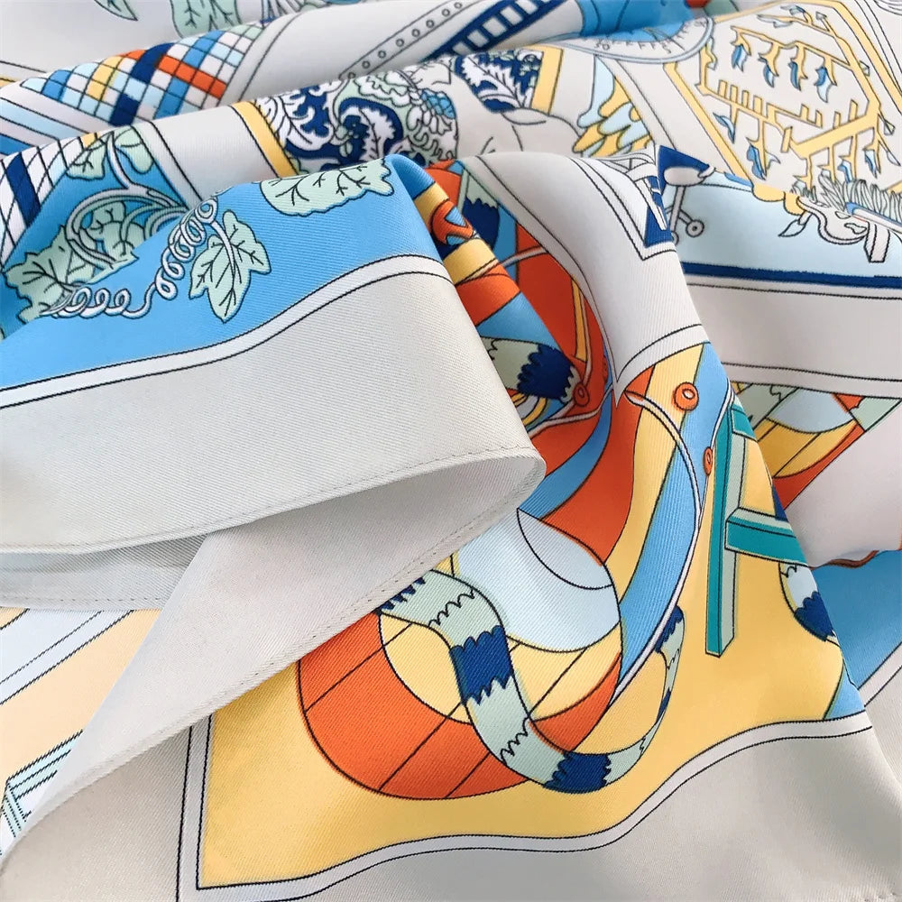 Twill Headscarf for Women Chain Geometric Print 90*90cm Square Scarf Hijab Bandana Female Neckerchief Hand Shawl Wraps Echarpe