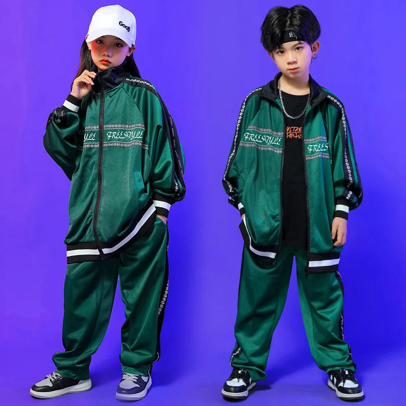 Kids Hip Hop Clothing Green Long Sleeves Outfit Coat Pants Boys Girls Modern Street Dance Costume Concert Show Clothing BL9005