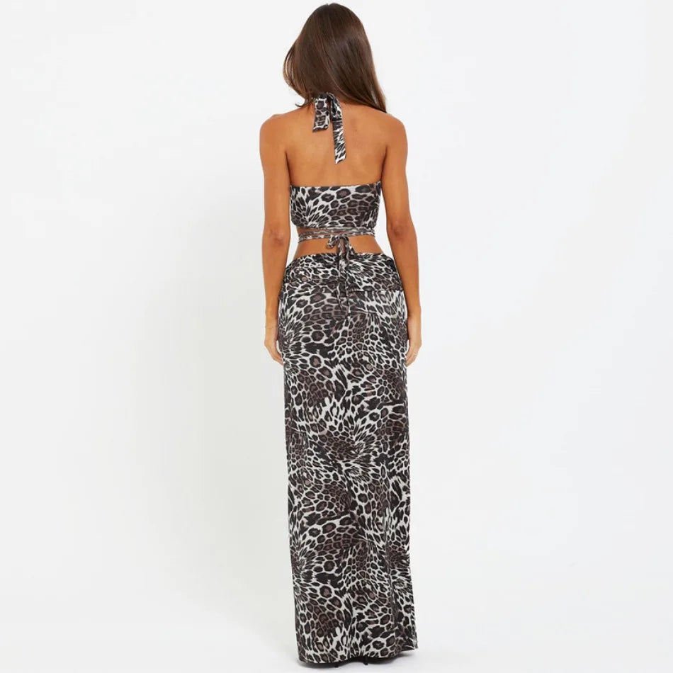 2024 Summer Women's Dress Set Elegant Sexy Backless Sleeveless Lace-up Top Slim Fit Long Skirt Leopard Print Suit Holiday Beach