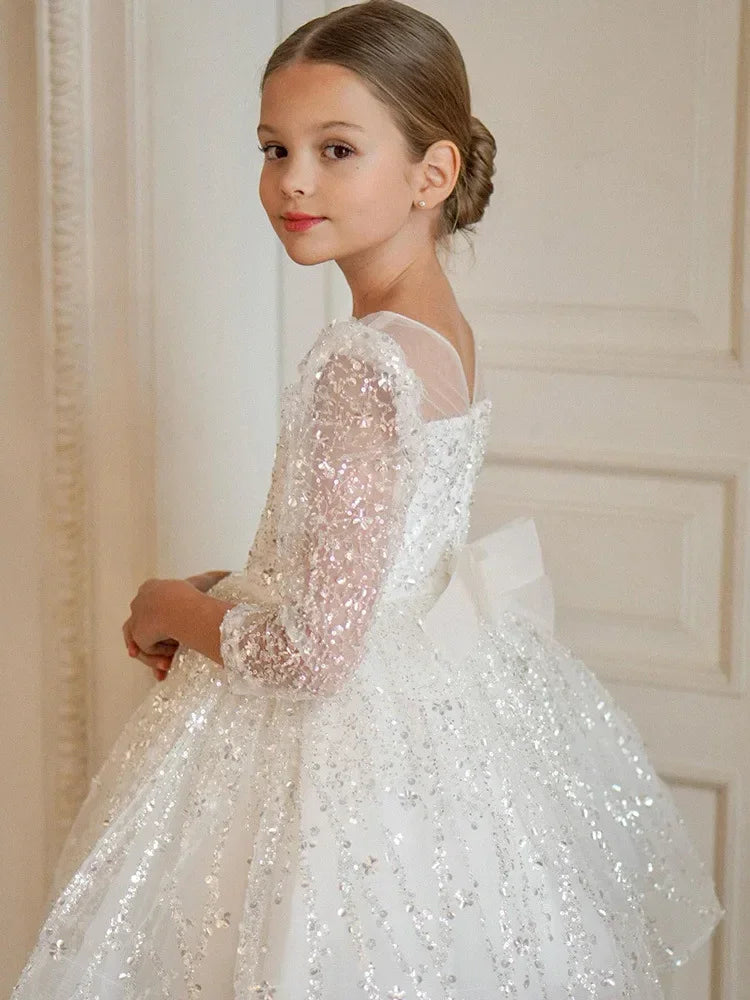 2024 Girls Dress Sequin Mesh Long-sleeved Birthday Party Outfit  New children's Clothes Matching Baby Opening Ceremony Prom