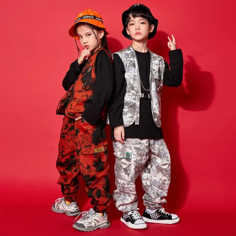 Modern Hip Hop Dance Clothes Kids Costume Camouflage Vest Pants Girls Long Sleeves Suit Boys Street Dance Outfit Rave Wear L9730