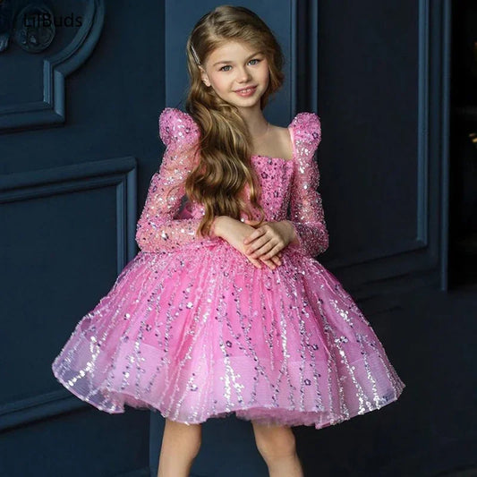 2024 Girls Dress Sequin Mesh Long-sleeved Birthday Party Outfit  New children's Clothes Matching Baby Opening Ceremony Prom