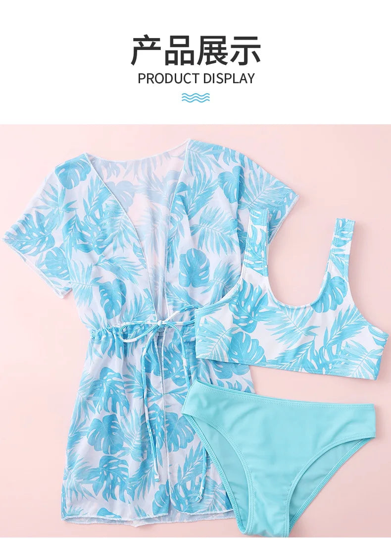 Girls 3pack Leaf Print High Waist Bikini Kids Swimsuit&Kimono 7-12 Years Children's Swimwear 2024 Teens Bathing Suit Beach Wear