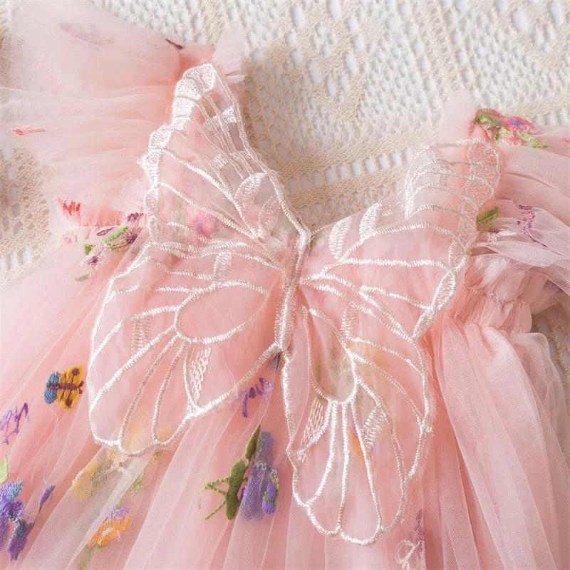 0-5 Years Girls' Dress Butterfly Dress for Summer New Flying Sleeve Mesh Princess Dress Baby Girls Floral Embroidery Clothes
