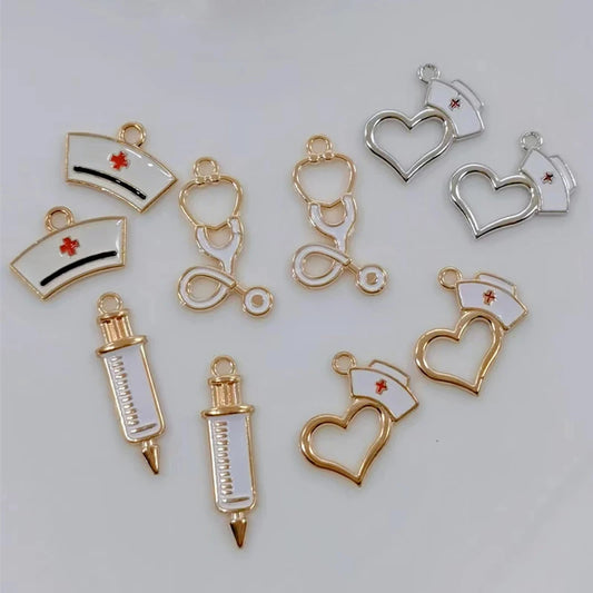 10PCS 5 Styles Doctors Dripping Oil Charm Stethoscope Syringe Nurse Hat Pendant For Bracelet Necklace Jewelry Making Findings