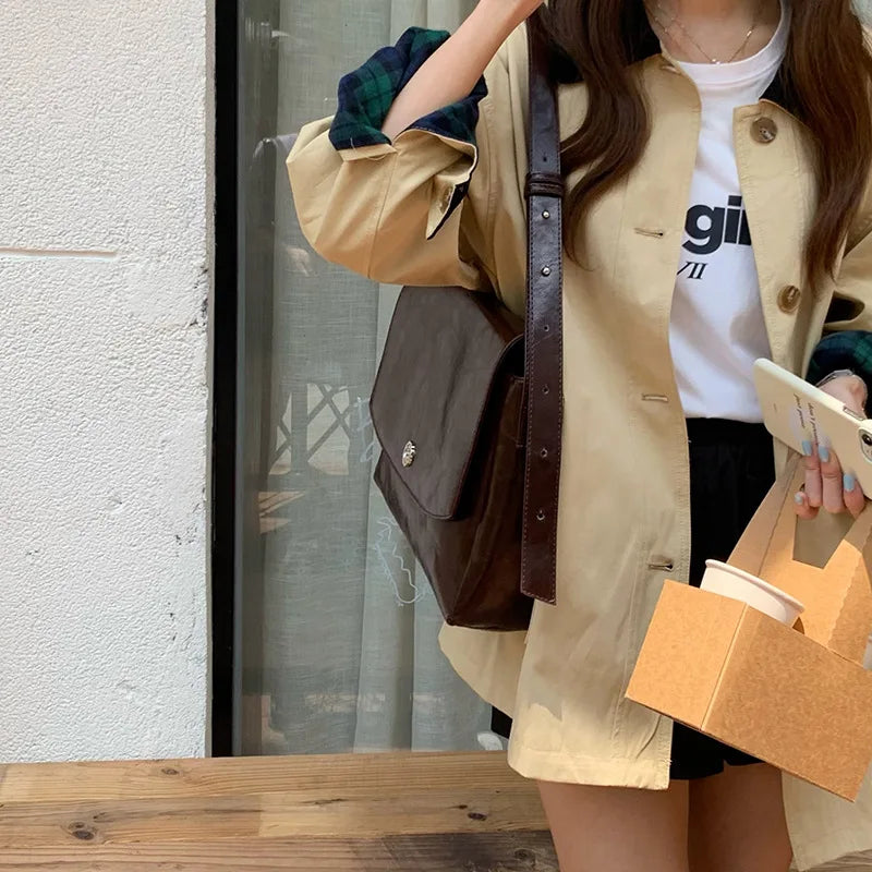 CGCBAG Vintage Large Volume Messenger Bag Women Simple Solid Luxury Designer Female Tote Bag High Quality PU Leather Handbags