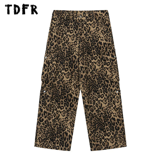 Leopard Print Cargo Pants Mens Multi-Pocket Retro Streetwear Straight Loose Wide Leg Trousers Men