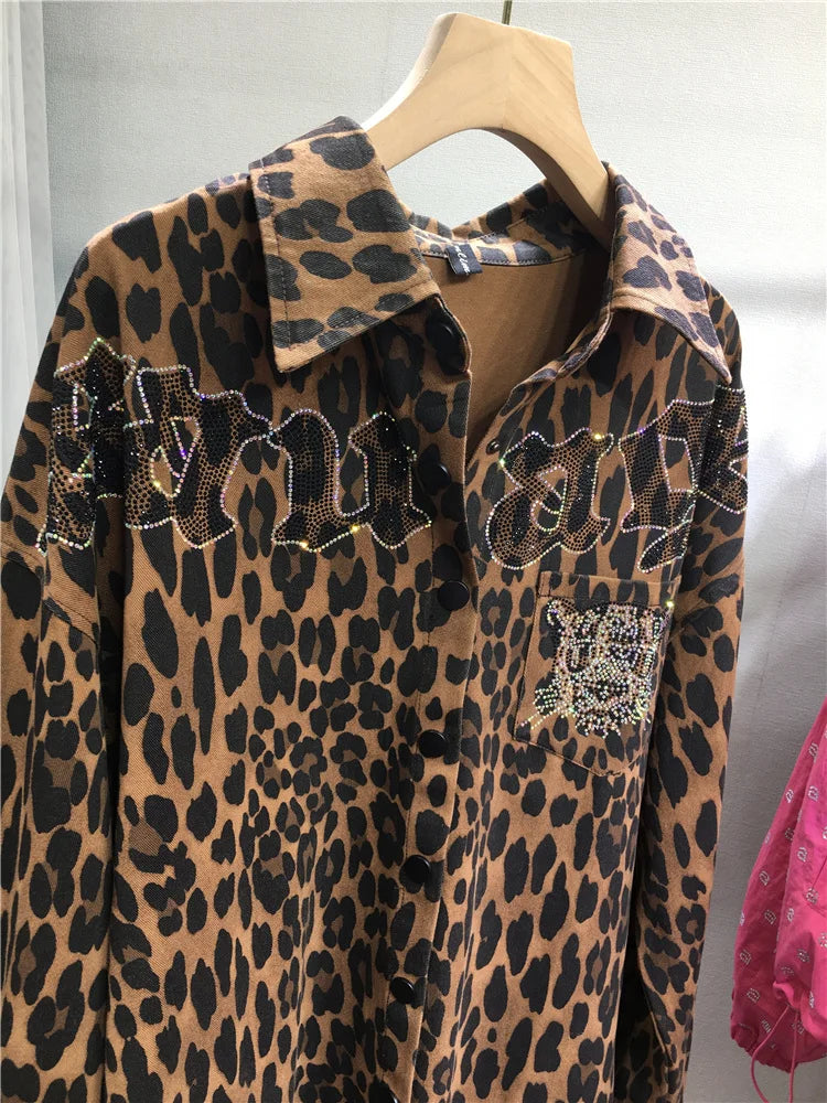 European Goods Heavy Industry Hot Diamond Shirt Women Domineering Tiger Head Leopard Print Cardigan Loose Autumn and Winter Coat