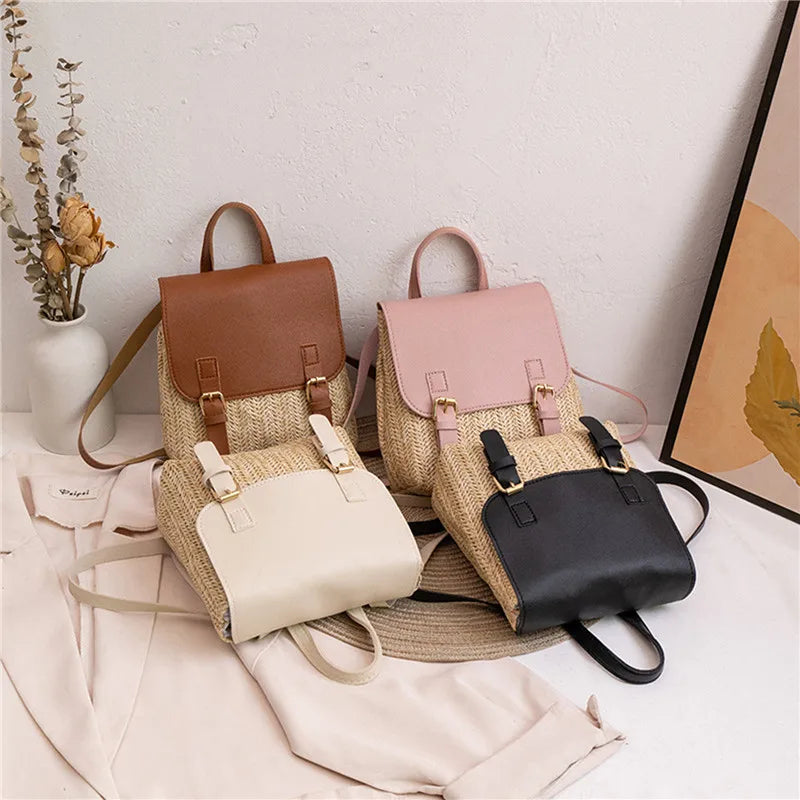 Fashion Women's Shoulder Bag Vintage Straw Woven Bag PU Leather Shoulder Bag Elegant Luxury Versatile Designer Backpack Mochilas