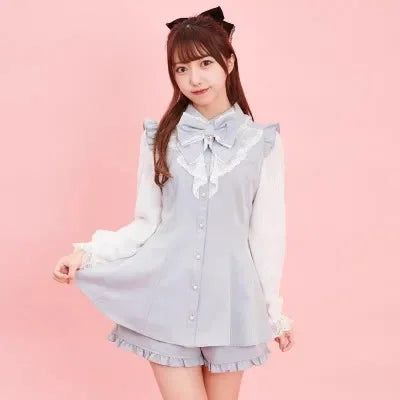 SC Suit Japanese Mine Mass-Produced Lolita Girl Sweet Bow Lace Long Sleeve Shirt Dress Shorts Culottes 2 Piece Set Women Outfits