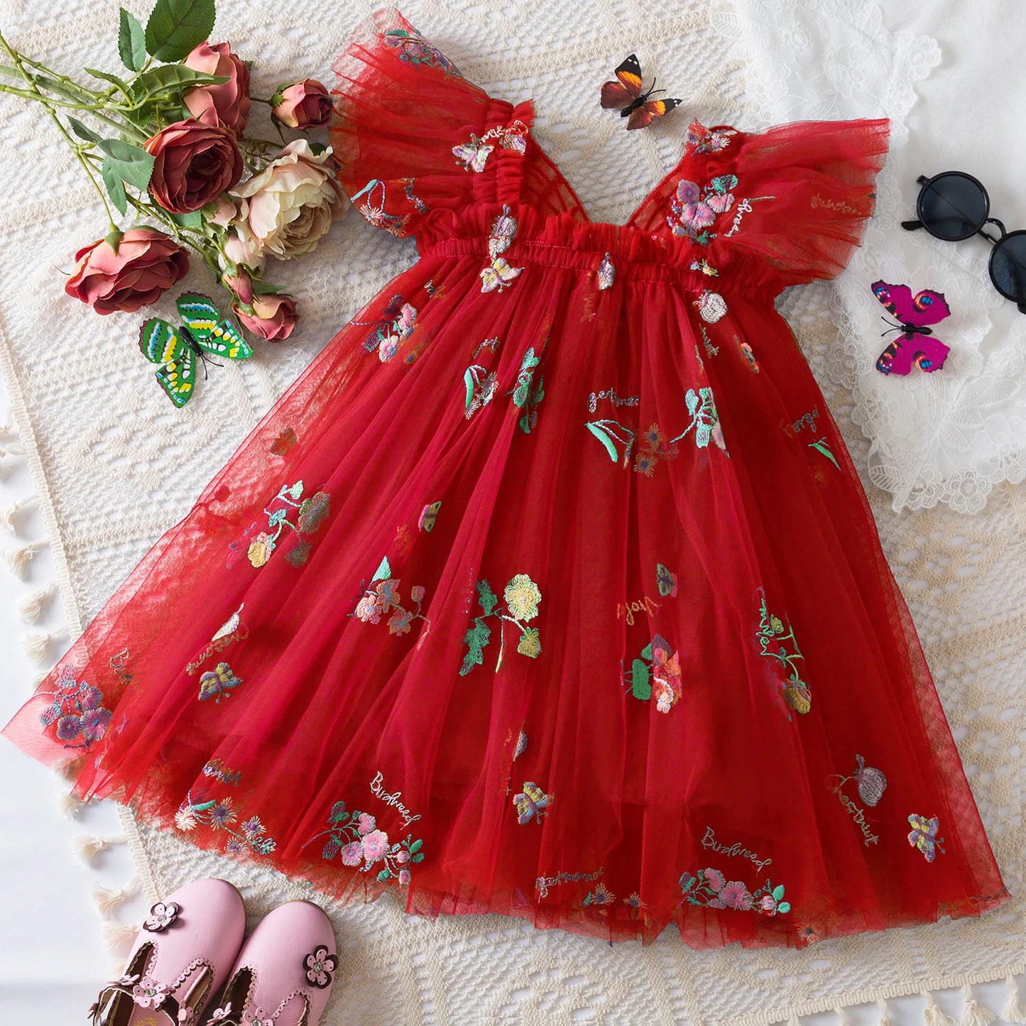 0-5 Years Girls' Dress Butterfly Dress for Summer New Flying Sleeve Mesh Princess Dress Baby Girls Floral Embroidery Clothes