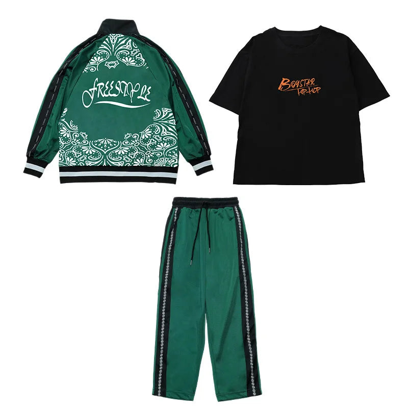 Kids Hip Hop Clothing Green Long Sleeves Outfit Coat Pants Boys Girls Modern Street Dance Costume Concert Show Clothing BL9005