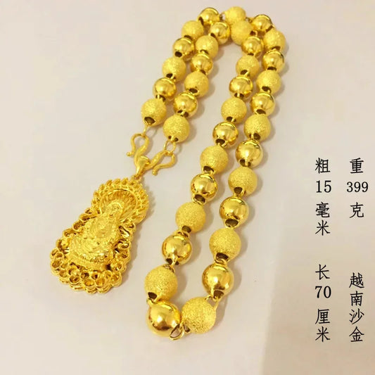 Big Round Beads Necklace Male Ball 999 Hollow Frosted 24k Color Plated Real 999 Gold 18k Guanyin Pendant for Women's Gifts