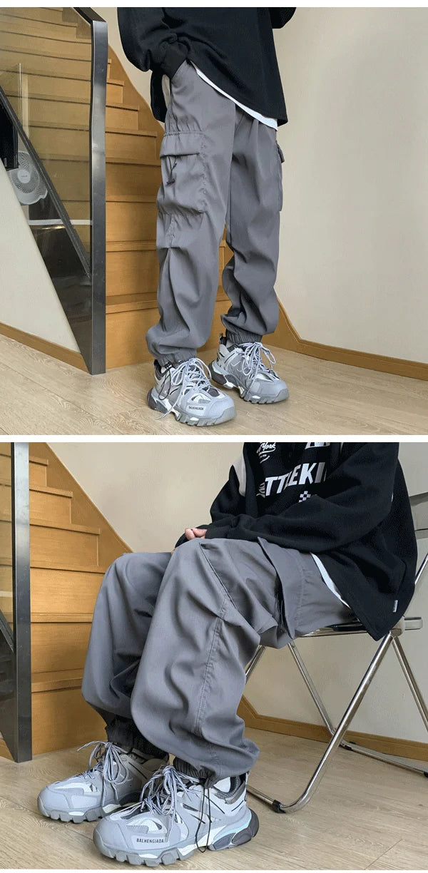 Cargo Pants Men Baggy Pleated Multi Pockets American Style Males Trousers Hip Hop Skateboard Boys High Street Autumn All-match