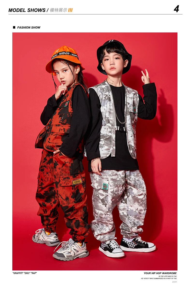Modern Hip Hop Dance Clothes Kids Costume Camouflage Vest Pants Girls Long Sleeves Suit Boys Street Dance Outfit Rave Wear L9730